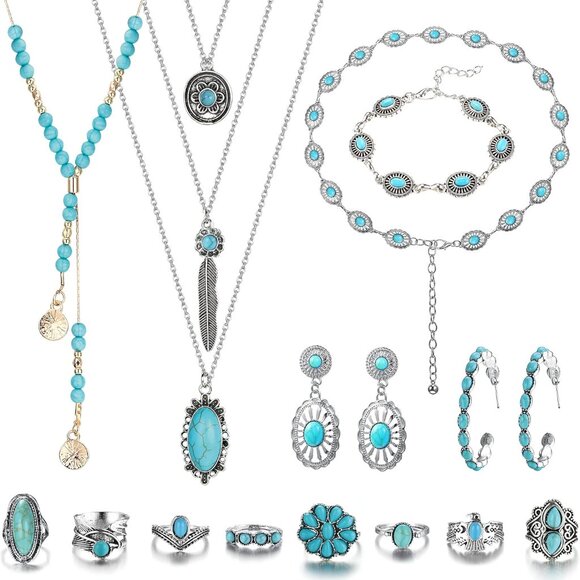 Bohemian Turquoise Jewelry for Women Men Western Turquoise Set Western Adjustabl - Picture 1 of 9